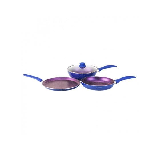 Blueberry Aluminium Non-stick Cookware Set, 4Pc (Wok with Lid, Fry Pan, Dosa Tawa), Ind...