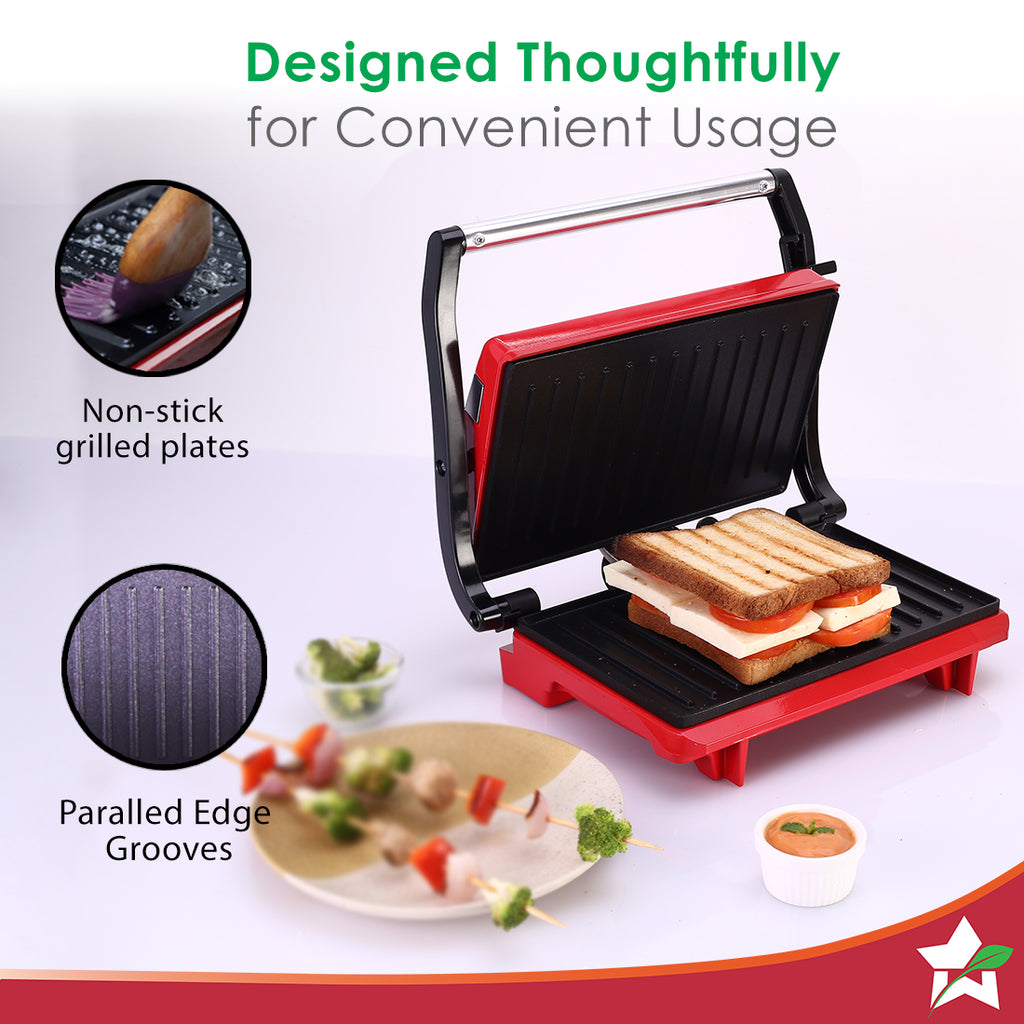 Sanjeev Kapoor Tandoor Mini| Crimson Edge Electric Contact Grill & Sandwich Maker| 3-in-1 Appliance| 700 Watt| Cool Touch Handle|LED Indicator|2 Year Warranty| Red