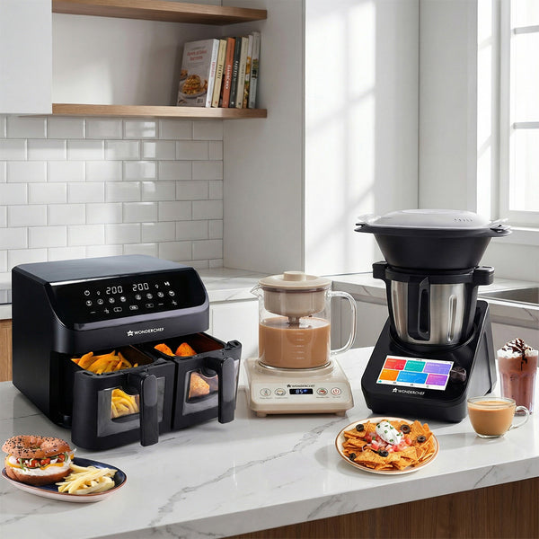 Curated Chef’s Kit | Wonderchef Chef Magic - All-in-One Kitchen Robot, Chai Magic, Fully Automatic Tea & Cappuccino Maker, Regenta Digital Air Fryer with Dual Basket
