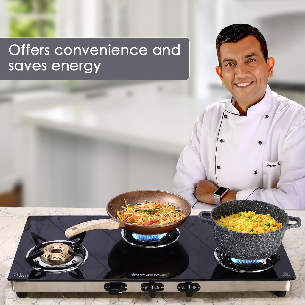 Duralife Slim Glass Cooktop 3 Burner | Heavy Duty Pan Support | Dual Locking System | Easy Grip Sleek Knobs | Brass Burner | Round Stainless Steel Drip Tray | 2 Years Warranty on Glass and Product
