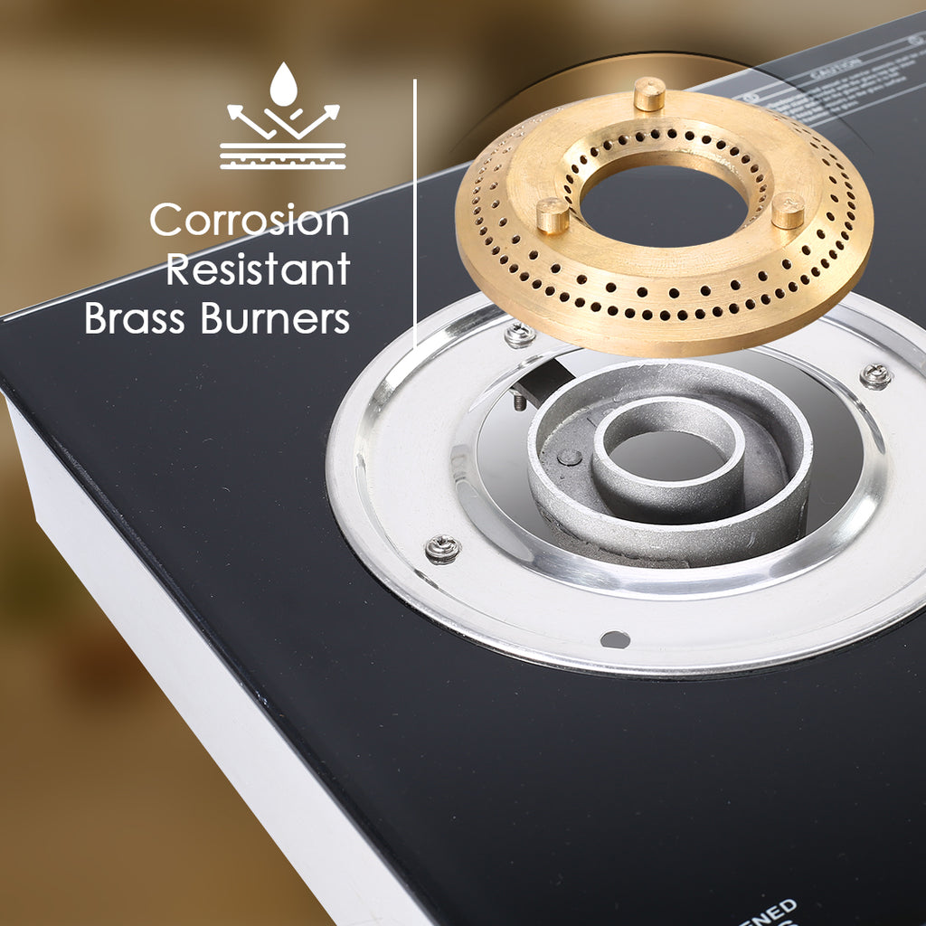 Duralife Slim Glass Cooktop 3 Burner | Heavy Duty Pan Support | Dual Locking System | Easy Grip Sleek Knobs | Brass Burner | Round Stainless Steel Drip Tray | 2 Years Warranty on Glass and Product