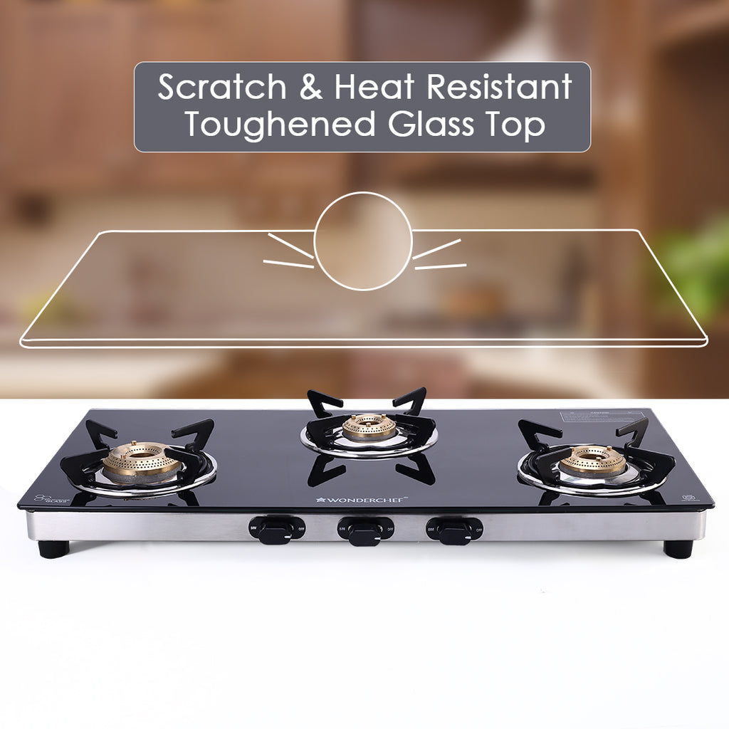 Duralife Slim Glass Cooktop 3 Burner | Heavy Duty Pan Support | Dual Locking System | Easy Grip Sleek Knobs | Brass Burner | Round Stainless Steel Drip Tray | 2 Years Warranty on Glass and Product