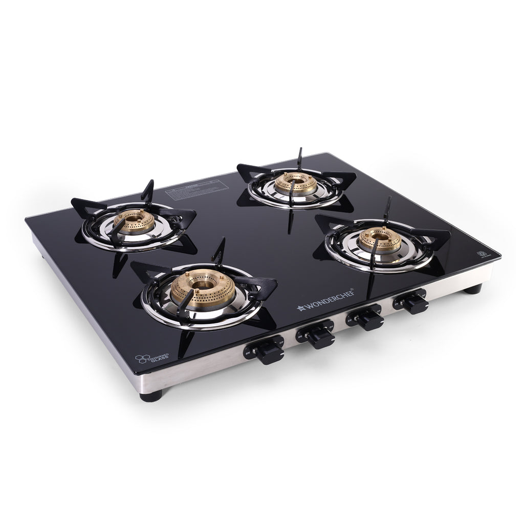 Duralife Slim Glass Cooktop 4 Burner | Heavy Duty Pan Support | Dual Locking System | Easy Grip Sleek Knobs | Brass Burner | Round Stainless Steel Drip Tray | 2 Years Warranty on Glass and Product