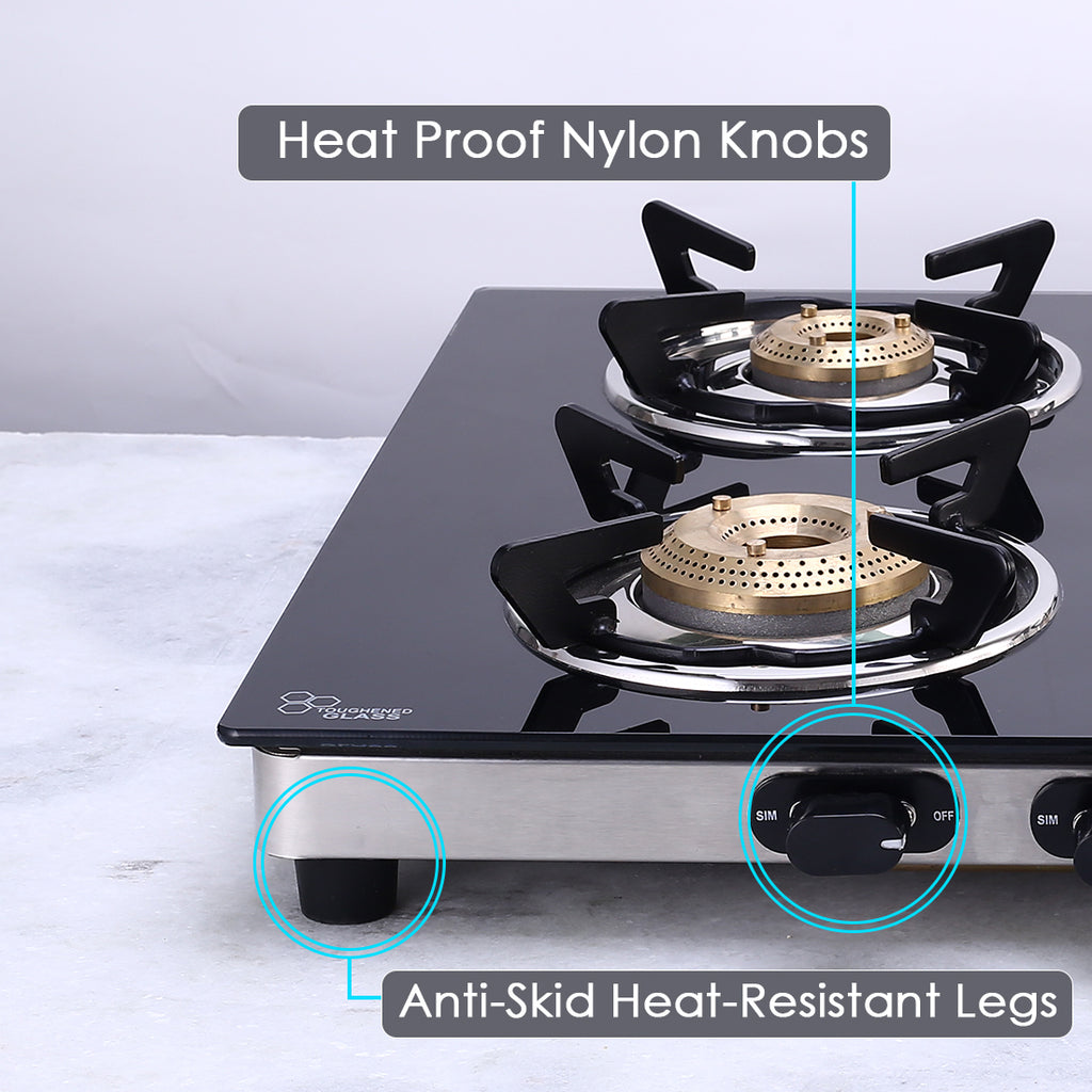 Duralife Slim Glass Cooktop 4 Burner | Heavy Duty Pan Support | Dual Locking System | Easy Grip Sleek Knobs | Brass Burner | Round Stainless Steel Drip Tray | 2 Years Warranty on Glass and Product