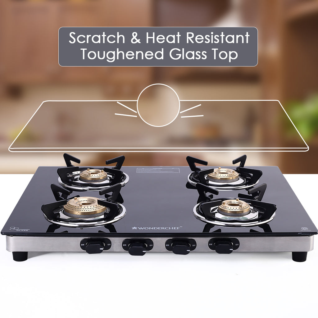Duralife Slim Glass Cooktop 4 Burner | Heavy Duty Pan Support | Dual Locking System | Easy Grip Sleek Knobs | Brass Burner | Round Stainless Steel Drip Tray | 2 Years Warranty on Glass and Product