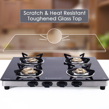 Load image into Gallery viewer, Duralife Slim Glass Cooktop 4 Burner | Heavy Duty Pan Support | Dual Locking System | Easy Grip Sleek Knobs | Brass Burner | Round Stainless Steel Drip Tray | 2 Years Warranty on Glass and Product