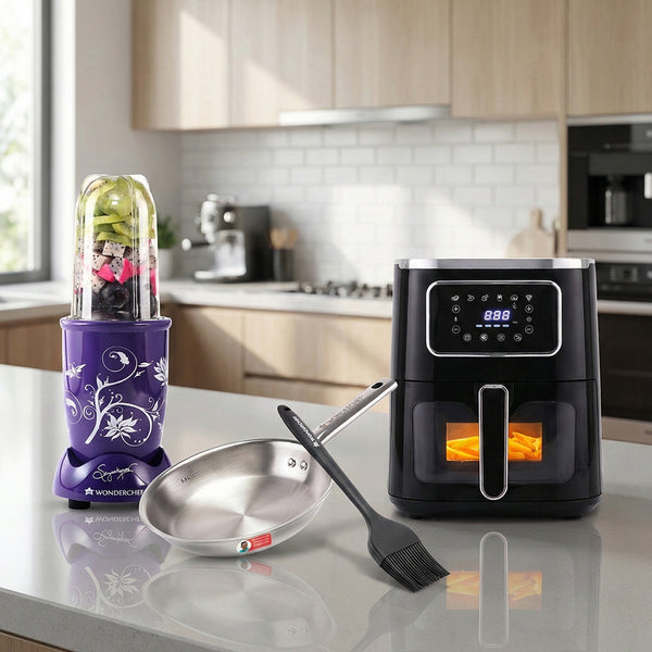 Fitness Essentials | Platinum Plus Digital Air Fryer - 5L With Window & Light, Waterstone Silicon Brush, Nutri-blend 500W Mixer Grinder, Stella Triply Stainless Steel Fry Pan