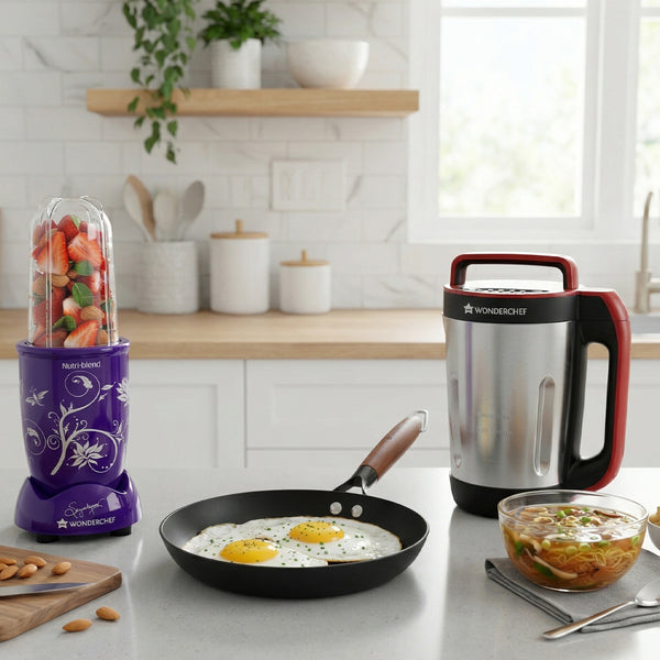 Healthy Prep Starter Set | NEO Automatic Soup Maker - 1.0 Litre, Pre-Seasoned Ferro Light 24cm Cast Iron Fry Pan, Nutri-blend 500W Mixer Grinder