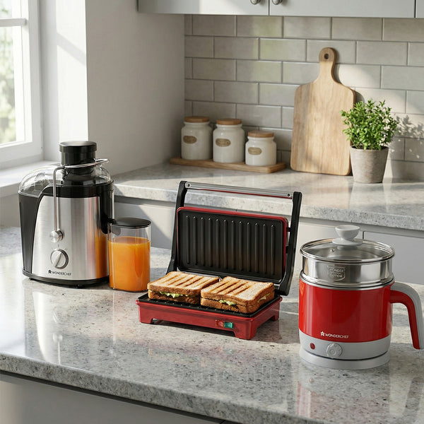 Wellness Essentials | Venezia Centrifugal Juicer for Home, LUXE Multicook Stainless Steel 1.2 L Electric Kettle, Sanjeev Kapoor Tandoor Family Size Plus