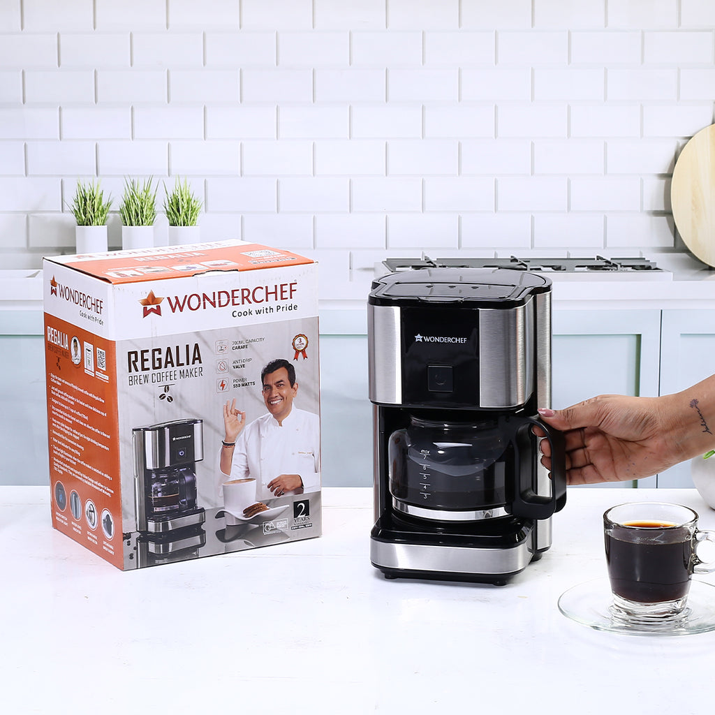 Regalia Brew Coffee Maker 550 W | Stainless Steel Body | 700ml Borosilicate Glass Carafe | 3-in-1 Filter Coffee, Espresso, Cappuccino | Auto Shut Off | Removable Cone Filter | 7 Cups Coffee | Perfect Gifting Option | Black & Silver | 2 Year Warranty