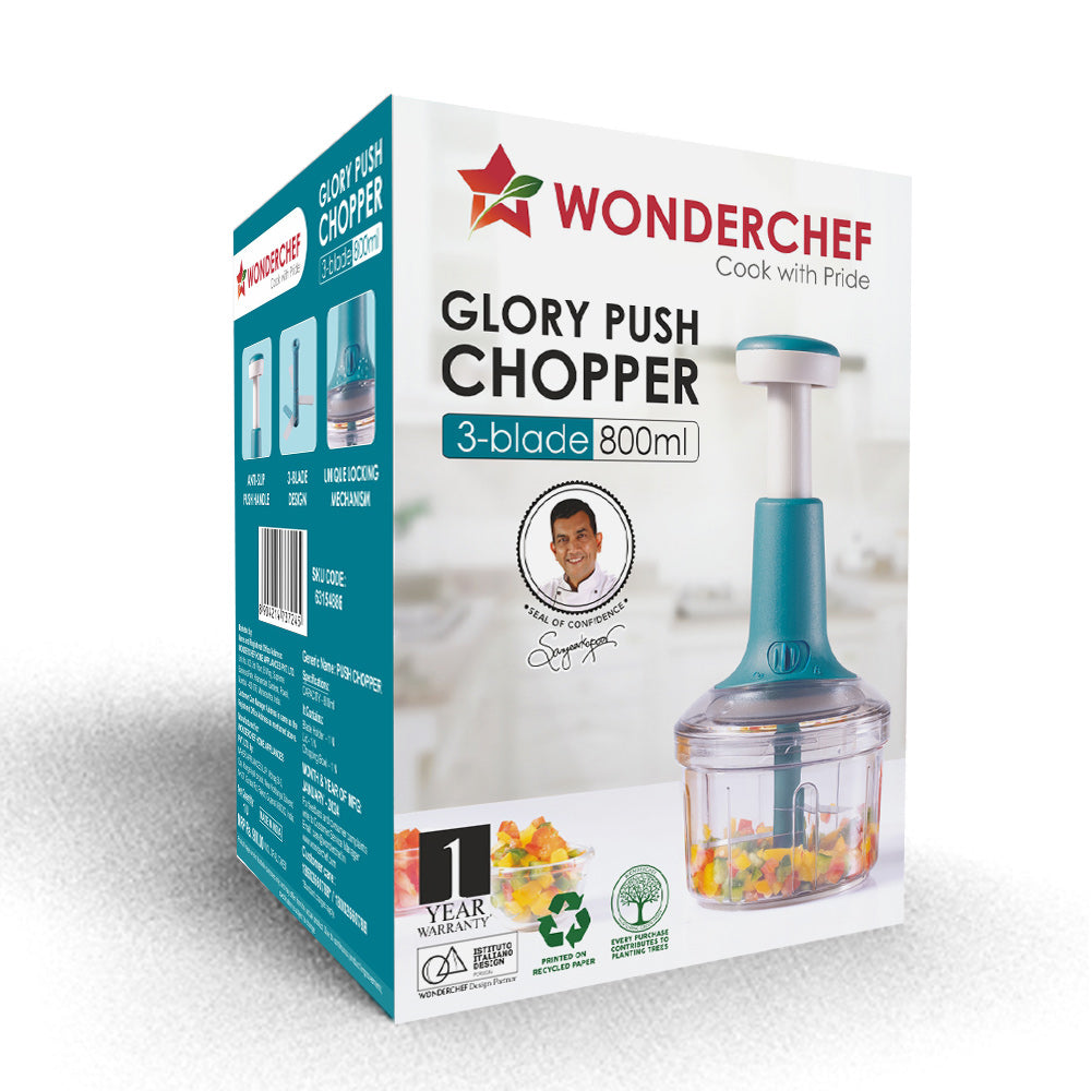Wonderchef Glory Push Chopper | 800 ml | 3 Stainless Steel Blades | Anti-Slip Silicone | Air Tight Lid | Silicone Supported Base | Efficient String Mechanism | Transparent Jar | Safety Locking Mechanism | Easy to Clean | 1 Year Warranty