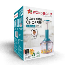 Load image into Gallery viewer, Wonderchef Glory Push Chopper | 800 ml | 3 Stainless Steel Blades | Anti-Slip Silicone | Air Tight Lid | Silicone Supported Base | Efficient String Mechanism | Transparent Jar | Safety Locking Mechanism | Easy to Clean | 1 Year Warranty