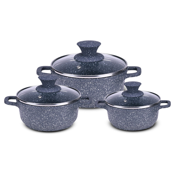 Granite Die-Cast Non-stick Casserole Set, 6Pc (16cm, 20cm, 24cm) Induction Bottom, Soft-touch Handles, Virgin Grade Aluminium, PFOA/Heavy metals free, 3.5mm, 2 years warranty, Black