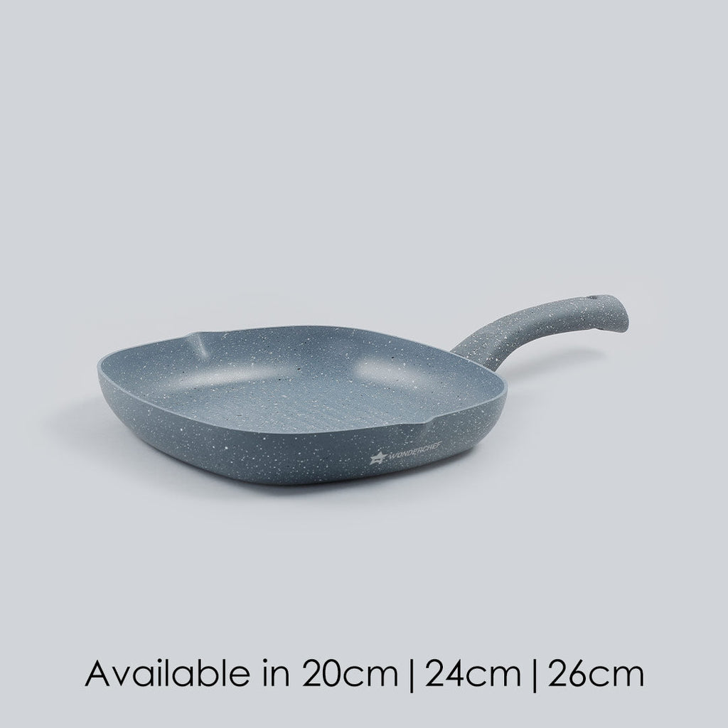 Granite Non-stick Grill Pan, Soft-touch handles, Virgin grade aluminium, PFOA/Heavy metals free, 3.5mm, 2 years warranty, Grey - Wonderchef