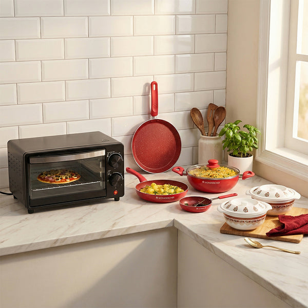 Happy Hosters Combo | Oven Toaster Griller (OTG) - 10 L, Royal Velvet Non-stick Cookware Set - 5Pc, Venice Casserole- Royal Red (Set of 6)