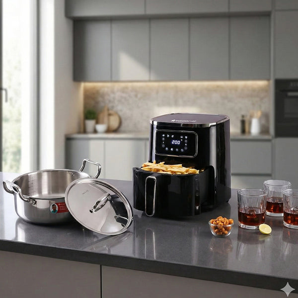 Host & Toast Combo | Platinum Digital Air Fryer - 5L, Modena Whiskey Glass 285 Ml (Set Of 6), Stella Triply Stainless Steel Casserole with Lid