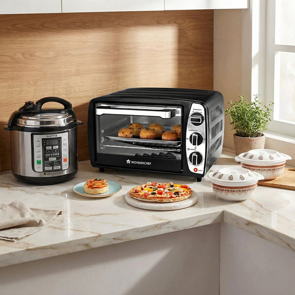 Hostess Delight Combo | Oven Toaster Griller (OTG) 17 L, Nutri-Pot 3L Electric Pressure Cooker, Venice Casserole- Royal Red (Set of 6)