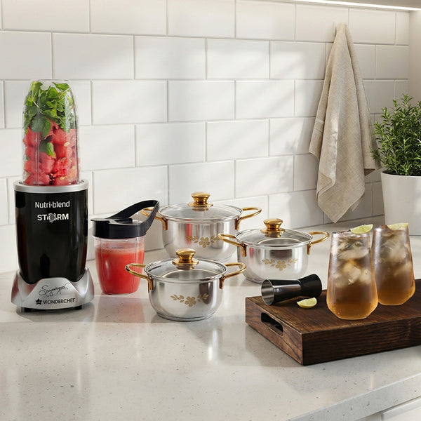 House Party Essentials| Nutri-blend Storm 1200W, Modena Highball Glass 440 ml (Set of 6), Gold Stanton Stainless Steel 3 piece Casserole Set with Glass Lid