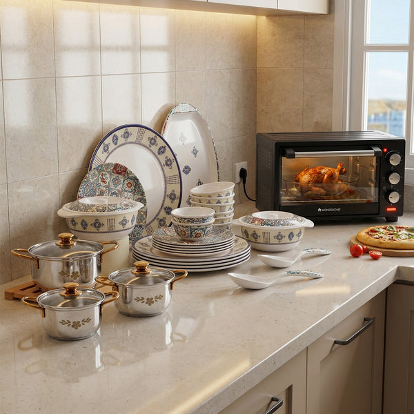 Premium Hosting Collection | Oven Toaster Griller (OTG) - 19 Litres, Gold Stanton Stainless Steel 3 piece Casserole Set with Glass Lid, Venice Dinner Set - Blue (31 pcs)