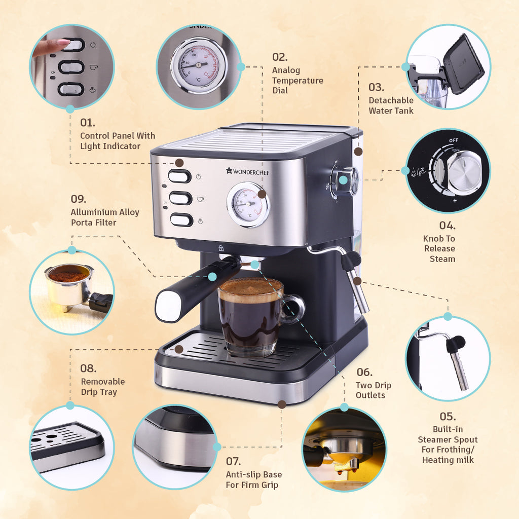 Regenta Espresso Coffee Machine 19 bar Make Espressos Cappuccinos Wonderchef