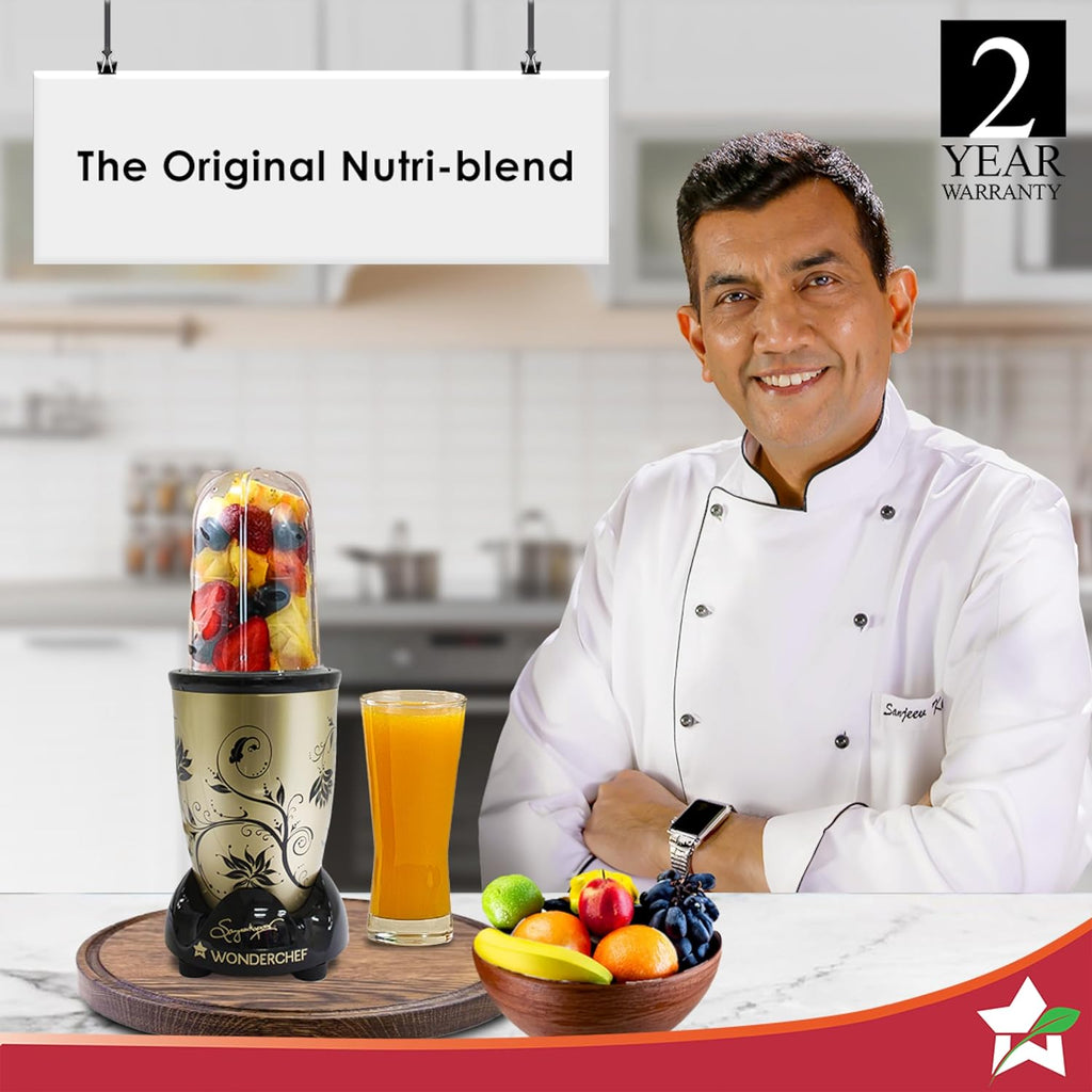 Nutri-blend, 500W, 22000 RPM 100% Full Copper Motor, Mixer-Grinder, Blender, SS Blades, 2 unbreakable Jars, 2 Years warranty, Champagne, Recipe book by Chef Sanjeev Kapoor