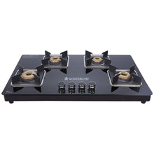 Load image into Gallery viewer, Octavia 4 Burner Glass Hob Top Manual Cooktop | 8mm Toughened Glass | Manual Ignition | Forged Brass Burners | Stainless Steel Drip Tray | Anti-Skid Legs | Large &amp; Heavy Pan support | LPG compatible | Black steel frame | 2 Year Warranty | Black