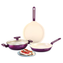 Load image into Gallery viewer, Bellagio Ceramic Non-stick 4 pc Cookware Set, Kadhai with Lid, Fry Pan &amp; Dosa Tawa, Deep Purple, 2 Years Warranty