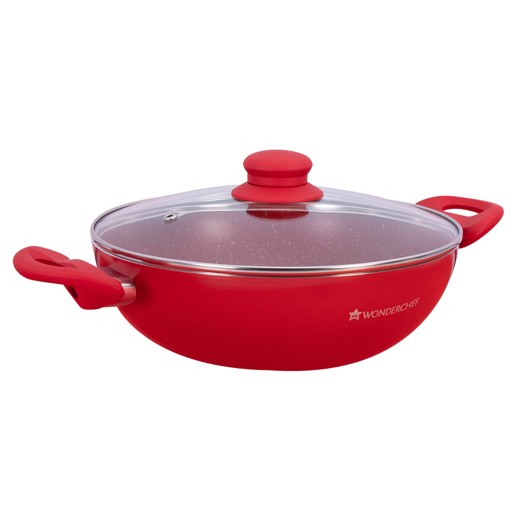 Royal Velvet 24cm Wok with Lid Red|  Induction bottom | Soft-touch handles | Virgin grade Aluminium | PFOA and Heavy metals free | 3 mm Thickness | 2 years warranty| Aqua