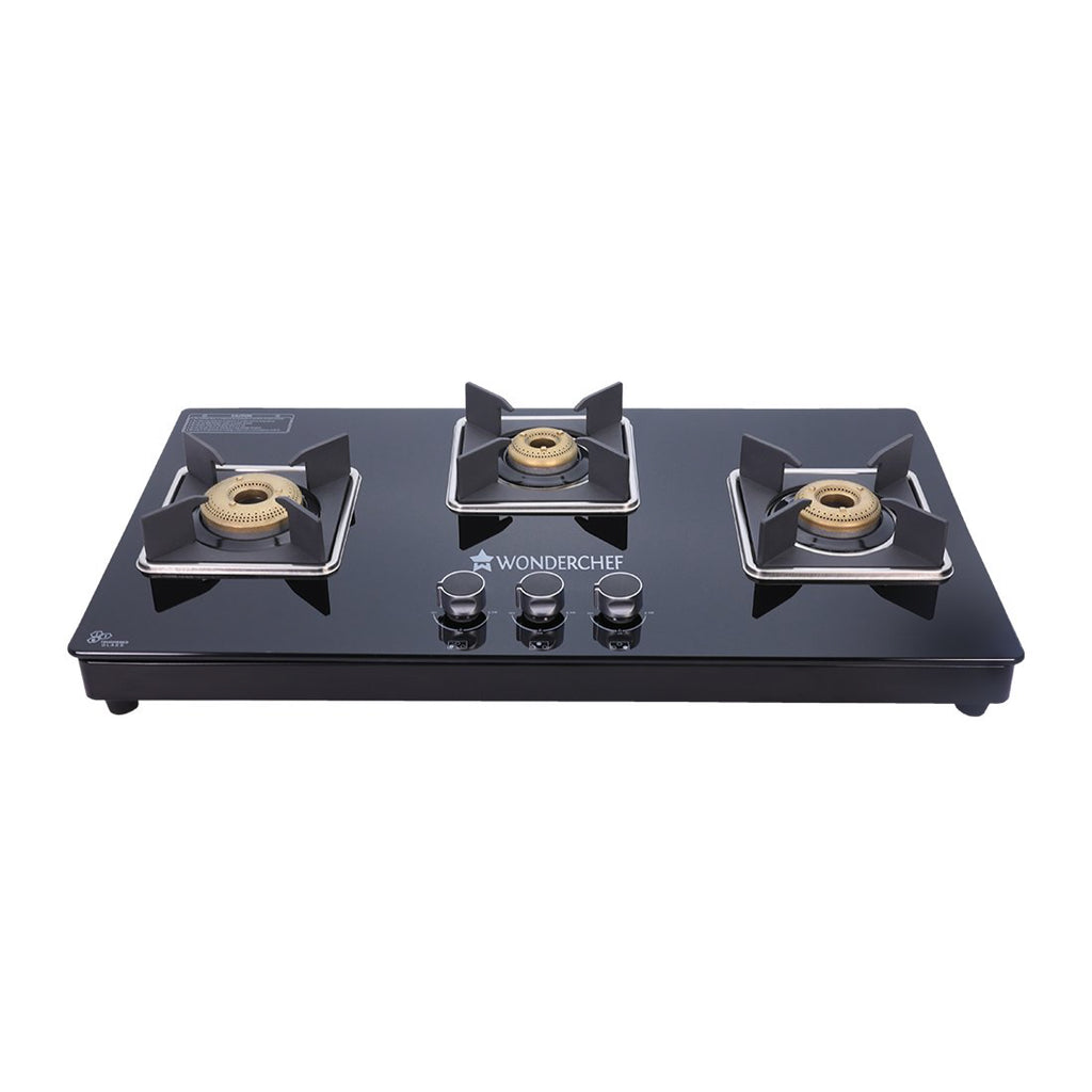 Octavia 3 Burner Glass Hob Top Manual Cooktop | 8mm Toughened Glass | Manual Ignition | Forged Brass Burners | Stainless Steel Drip Tray | Anti-Skid Legs | Large & Heavy Pan support | LPG compatible | Black steel frame | 2 Year Warranty | Black