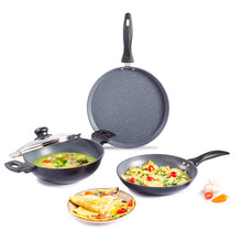 Load image into Gallery viewer, Duralite Die-Cast Non-Stick Pans 4 pcs Set | 24 cm Kadhai with Lid, 24 Cm Fry Pan, 28 cm Dosa Tawa | 1.2 L | Grey | 2 Years Warranty