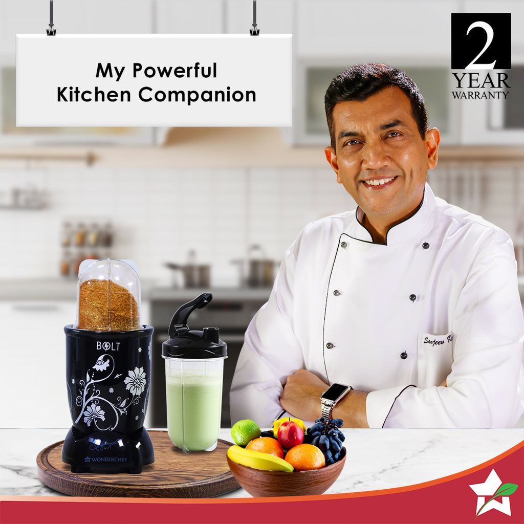 Nutri-blend BOLT Mixer, Grinder, Blender & Smoothie Maker | 600W 22000 RPM 100% Full Copper Motor | Stainless steel Blades | 2 unbreakable jars with Sipper lid | 2 Year warranty | Recipe book by Chef Sanjeev Kapoor | Black