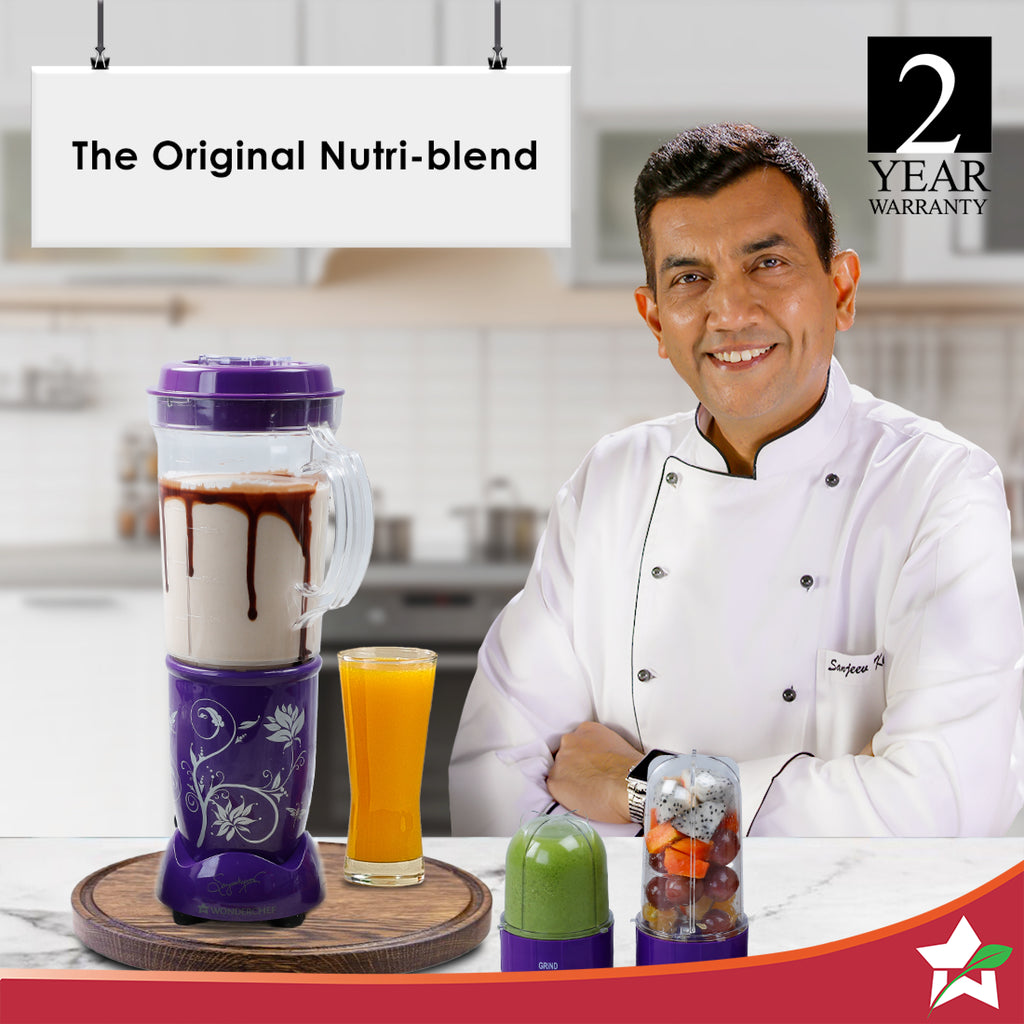 Nutri-blend Juicer, Mixer, Grinder, Blender & Smoothie Maker | 400W 22000 RPM 100% Full Copper Motor | Stainless steel Blades | 3 unbreakable jars | 2 Years warranty | Recipe book by Chef Sanjeev Kapoor | Purple