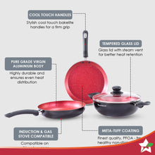 Load image into Gallery viewer, Ruby Set Red 24 cm, Wok. Fry-Pan, Dosa Tawa, Non-Stick - Meta Tuff, Glass Lid with Steam vent