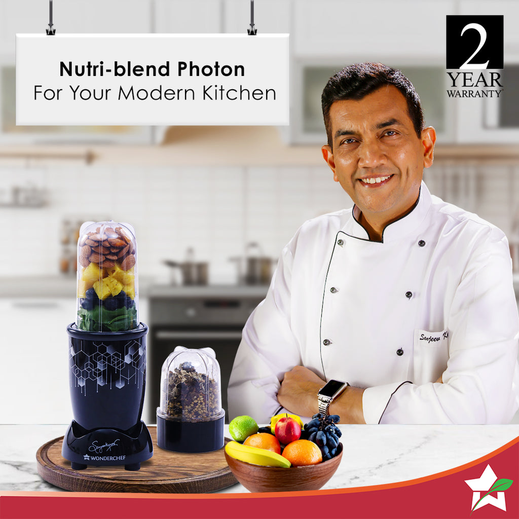 Nutri Blend Photon with Sipper Lid, Mixer, Grinder, Blender & Smoothie Maker | 400 W 22000 RPM 100% Full Copper Motor | Stainless steel Blades | 2 unbreakable jars | 2 Years warranty | Recipe book by Chef Sanjeev Kapoor | Black