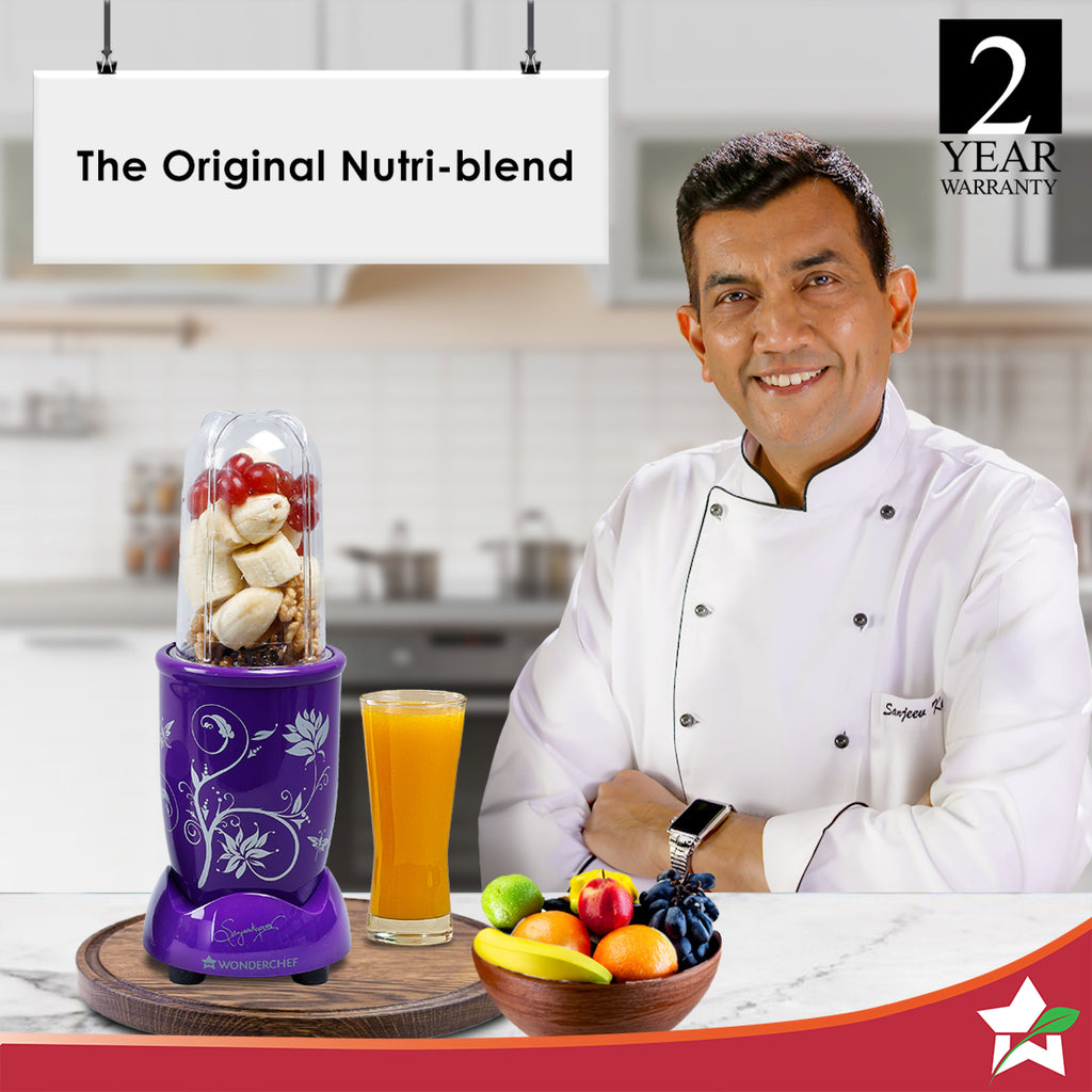 Nutri-blend, 400W, 22000 RPM 100% Full Copper Motor, Mixer-Grinder, Blender, SS Blades, 2 unbreakable Jars, 2 Years warranty, Purple, Recipe Book By Chef Sanjeev Kapoor