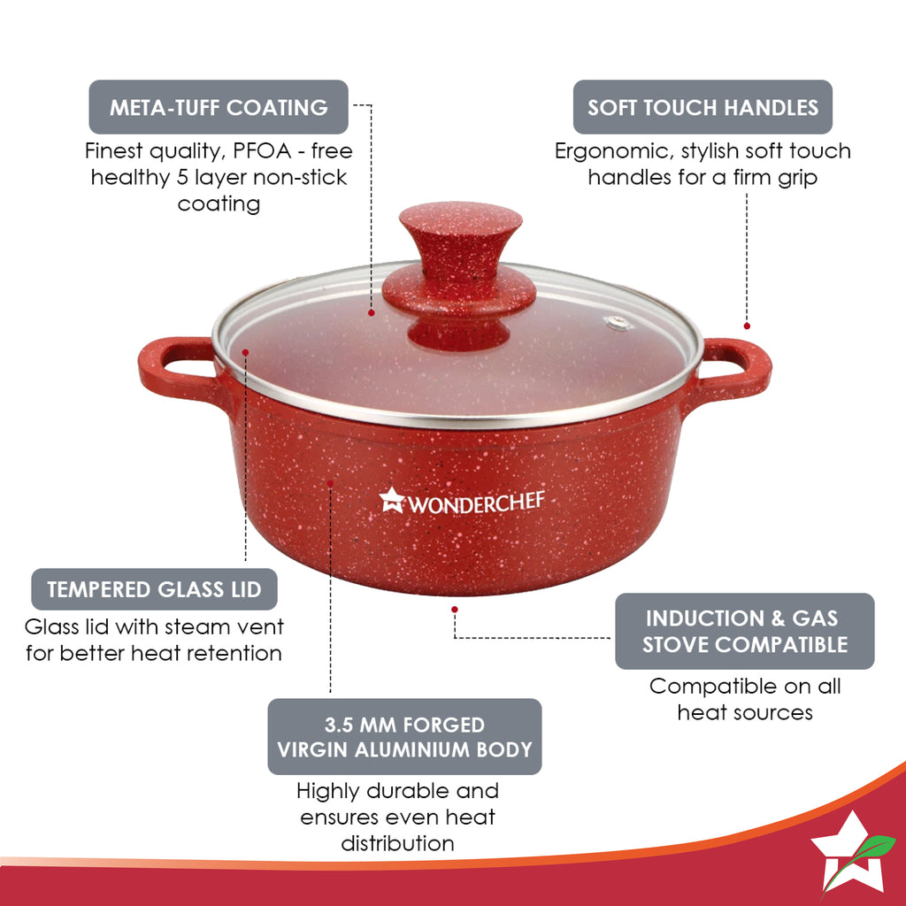 Granite Die-cast Non-stick Casserole Set, 6Pc (1150ML, 2000ML, 4500ML) With Lids, Induction Bottom, Soft Touch Handles, Pure Grade Aluminium, PFOA/Heavy Metal Free, 2 Years Warranty, Red
