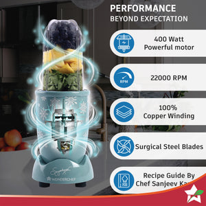 Nutri Blend Snowflakes, 22000 RPM 100% Full Copper Motor, 2 Unbreakable Jars, 400 W, 2 Years Warranty, Recipe book by Chef Sanjeev Kapoor, Blue