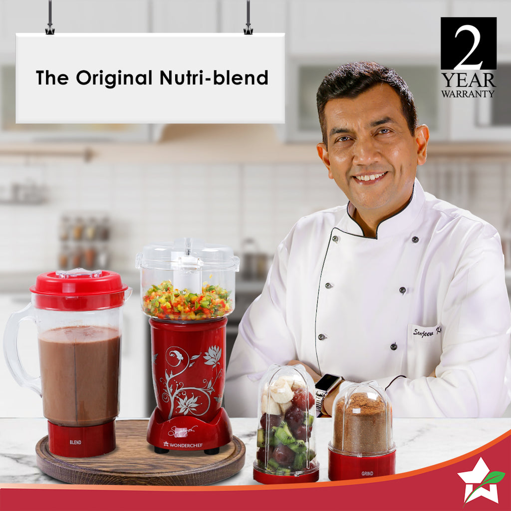 Nutri-blend Juicer, Mixer, Grinder, Smoothie Maker & Chopper | Complete Kitchen Machine | 22000 RPM Blender, Chopper, Juicer | 400W 100% Full Copper Motor | SS Blades | 4 Unbreakable Jars | 2 Years Warranty | Recipe Book By Chef Sanjeev Kapoor | Red