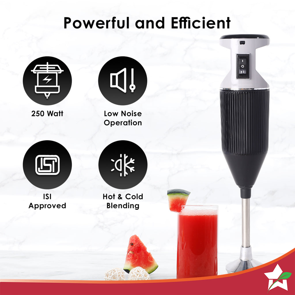 Prima Plus Electric 250W Hand Blender | Portable | Hot & Cold Blending | Food Grade SS Blades | 2 Speed Button | 3 Removable Blades for Blending, Whisking, Chopping | Make Puree, Baby Food, Soup, Smoothie | Wall Mount Holder | 2 Years Warranty | Black