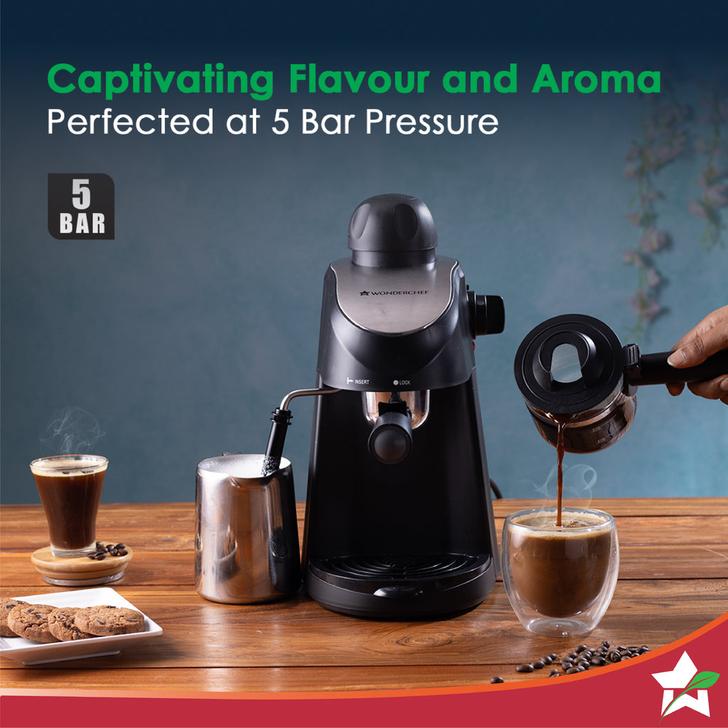 Regenta Espresso Coffee Maker, 5-bar with Steamer, Make Espressos, Cappuccinos & Lattes at Home, With Steamer, Metal Porta Filter, Temperature Dial, 2 Years Warranty