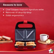 Load image into Gallery viewer, Crimson Edge Non-Stick Electric Griller,Sandwich Maker, Toaster |750 Watt| Auto Temp, LED indicator| Cool Touch Handle, Buckle Clip Lock| Grill Sandwiches, Bread, Kebabs, Paneer,Tikkis and Quesadillas| Oil Free Toasting| 2 Year Warranty