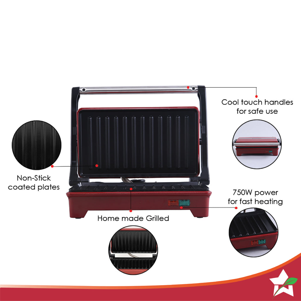 Sanjeev Kapoor Tandoor Mini Plus | Crimson Edge Electric Contact Grill & Sandwich Maker| 3-in-1 Toaster, Griller & Sandwich Maker| Cool Touch Handle|Auto Shut Off | 1 Year Warranty| Red