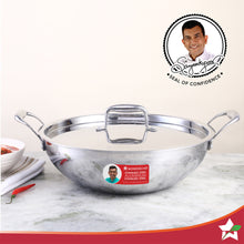 Load image into Gallery viewer, Nigella Tri-ply Stainless Steel 24 cm Kadhai with Lid | 2.2 Litres | 2.6mm Thickness | Kadhai with Induction base | Compatible with all cooktops | Riveted Cool-Touch Handle | 10 Year Warranty