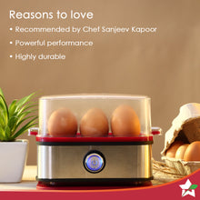 Load image into Gallery viewer, Crimson Edge Instant Electric Egg Boiler with 6 Egg Poachers|3 Boiling Modes, Soft, Medium, Hard| Auto Shut Off | Non-stick Egg Rack, Transparent Lid, Stainless Steel Body &amp; Heating Plate, Steamer Rack| Alarm| Overheat Protection | Red| 2 Year Warranty