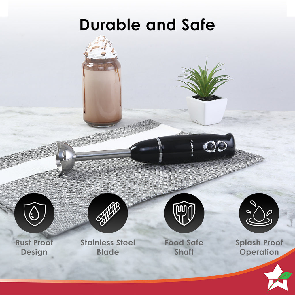 Prima Electric 180 W Hand Blender I Portable | Compact Easy Grip Body I Single Push Button Operation | Sharp Food Grade Anti Rust Stainless Steel Blades | Make Puree, Baby Food, Soup, Smoothie | Detachable Stainless Steel Shaft | 2 Years Warranty | Black