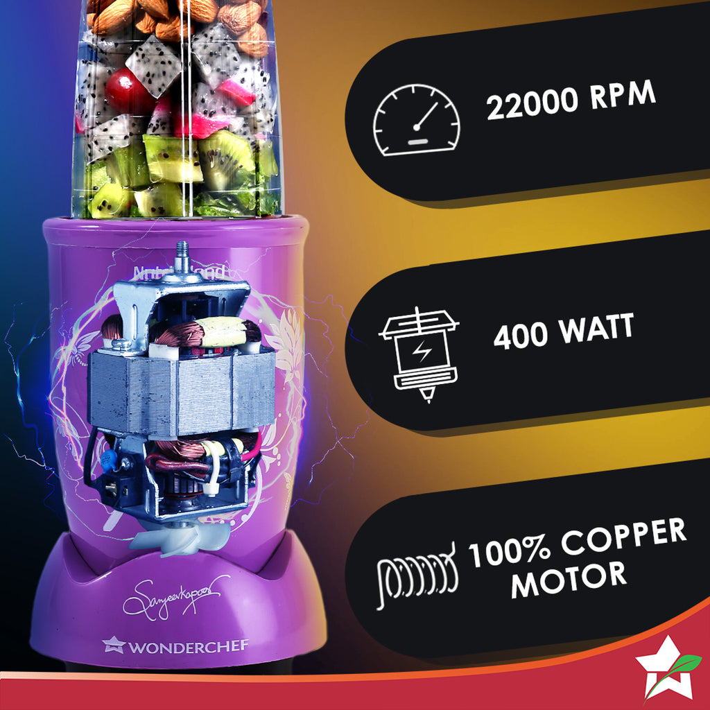 Nutri Blend Orchid, 22000 RPM 100% Full Copper Motor, 2 Unbreakable Jars, 400 W, 2 Years Warranty, Recipe book by Chef Sanjeev Kapoor, Orchid