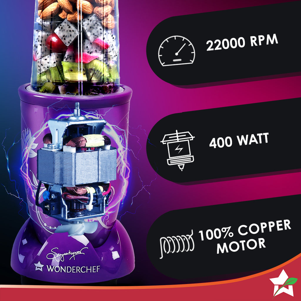 Nutri-blend Juicer, Mixer, Grinder, Blender & Smoothie Maker | 400W 22000 RPM 100% Full Copper Motor | Stainless steel Blades | 3 unbreakable jars | 2 Years warranty | Recipe book by Chef Sanjeev Kapoor | Purple