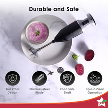 Load image into Gallery viewer, Prima Plus Electric 250W Hand Blender | Portable | Hot &amp; Cold Blending | Food Grade SS Blades | 2 Speed Button | 3 Removable Blades for Blending, Whisking, Chopping | Make Puree, Baby Food, Soup, Smoothie | Wall Mount Holder | 2 Years Warranty | Black