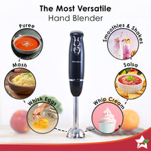 Load image into Gallery viewer, Prima Electric 180 W Hand Blender I Portable | Compact Easy Grip Body I Single Push Button Operation | Sharp Food Grade Anti Rust Stainless Steel Blades | Make Puree, Baby Food, Soup, Smoothie | Detachable Stainless Steel Shaft | 2 Years Warranty | Black