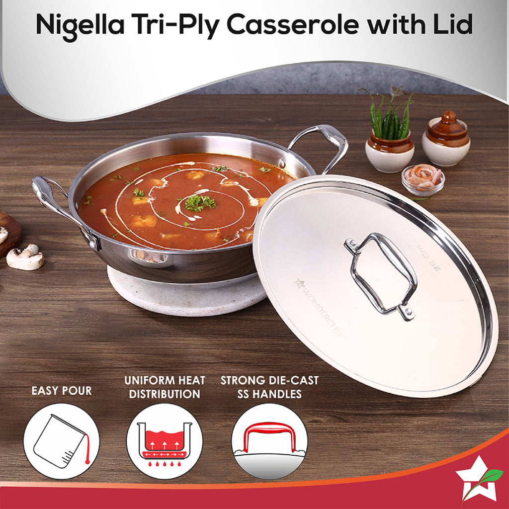 Nigella Tri-Ply Stainless Steel 28 cm Kadhai with Lid | 4.1 Litres | 2.6mm Thickness | Kadai with Induction base | Compatible with all cooktops | Riveted Cool-Touch Handle | 10 Year Warranty